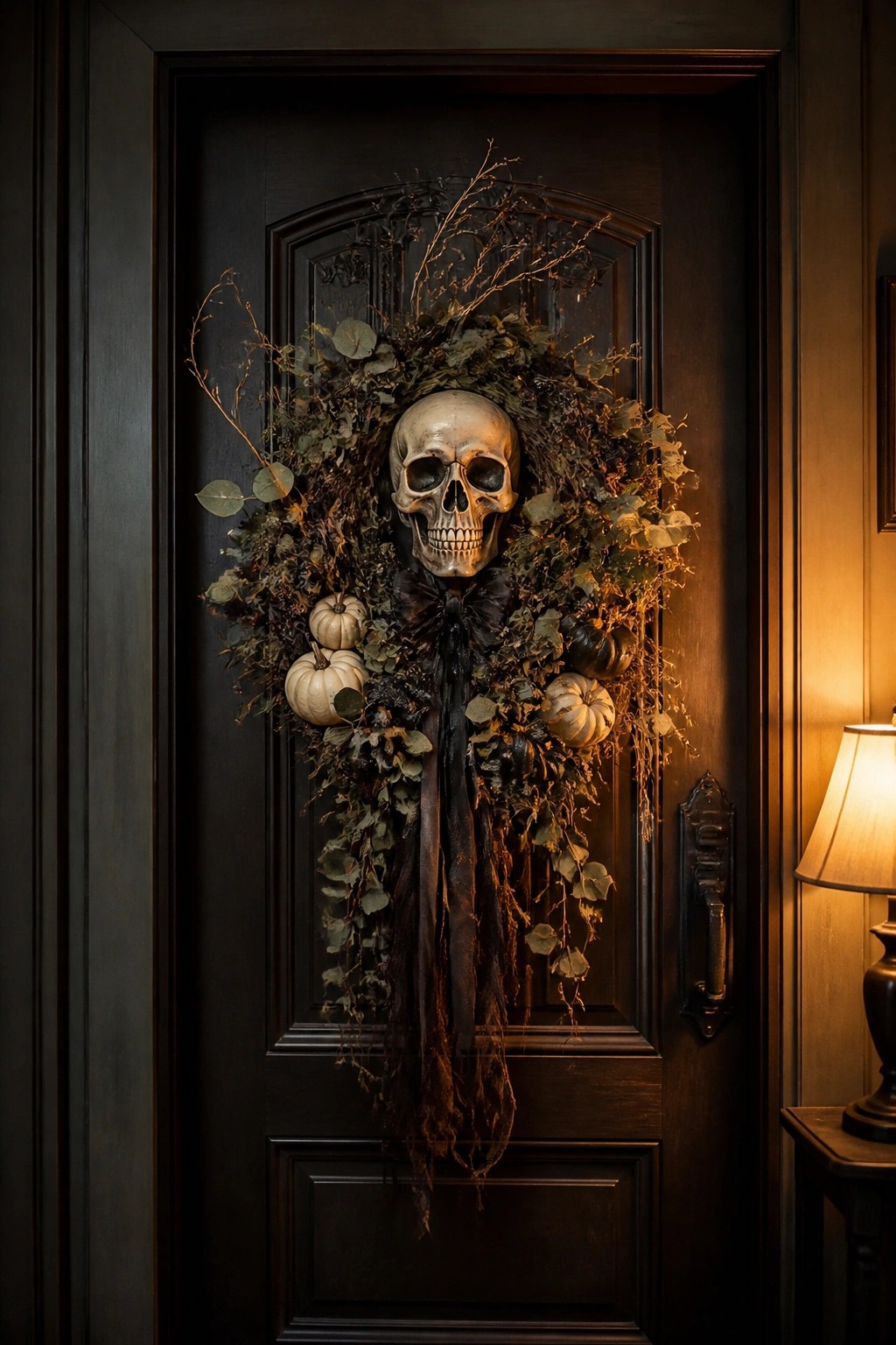 Dark wooden door with a large wreath centered on a skull, accented by small pumpkins, dried greenery, and a black ribbon.
