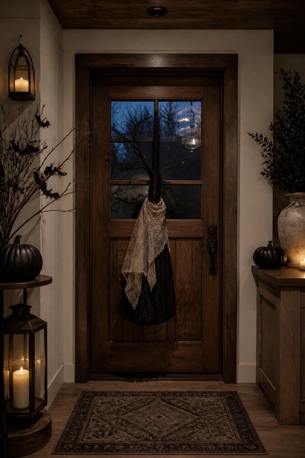 Indoor wooden front door decorated with a hanging witch broom wrapped in lace fabric and dark branches.
