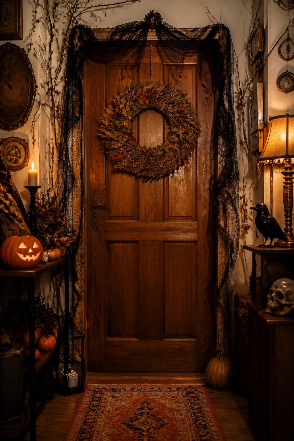 Wooden entry door with a large dried leaf wreath and black mesh fabric draped over the top and sides, plus a carved pumpkin and skull visible on nearby tables.