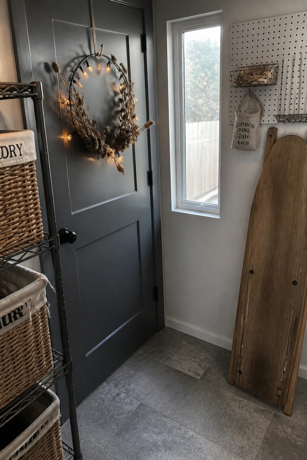 A dark gray interior door with a dried floral wreath strung with small lights hanging on it, next to a narrow window and wire storage shelves with woven baskets.