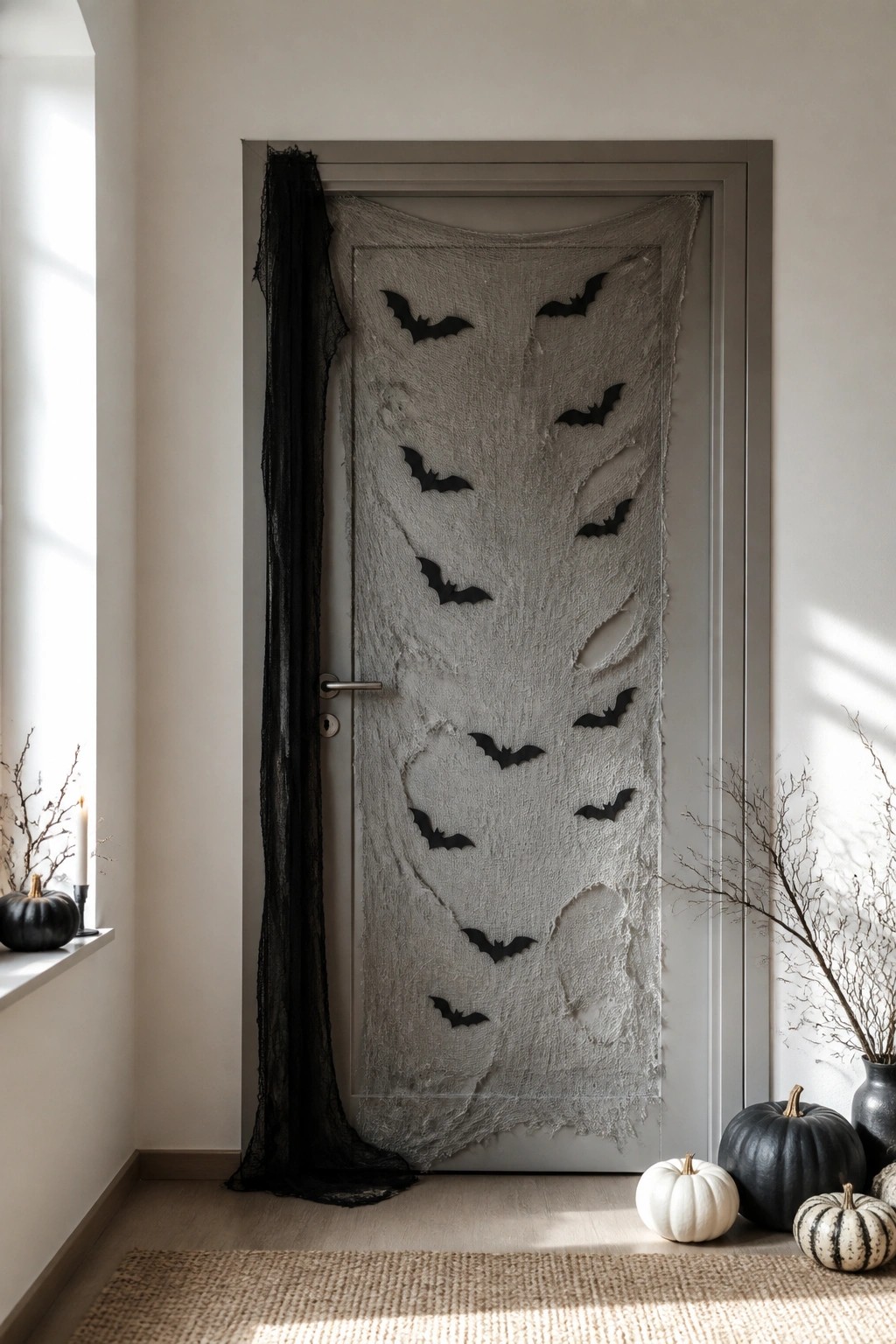 Indoor door covered with torn gray fabric and black bat cutouts, with black sheer fabric draped along the left side and pumpkins on the floor.