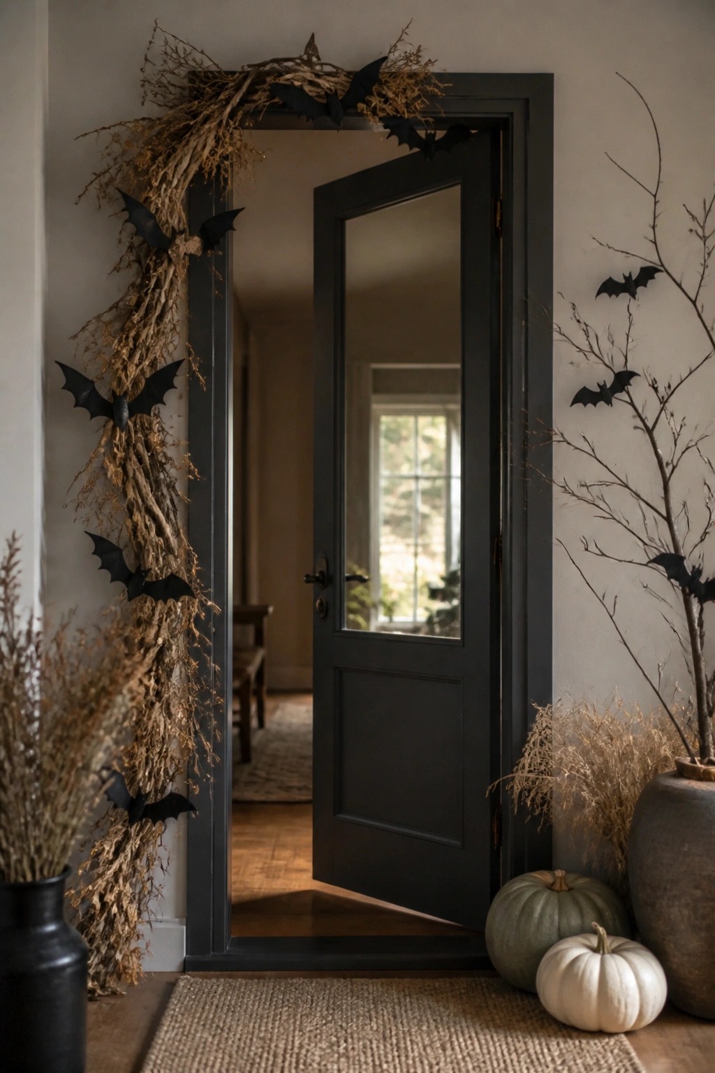 Open black door framed by a twig garland with black bats attached, plus a few more bats on a branch to the right and pumpkins on the floor.