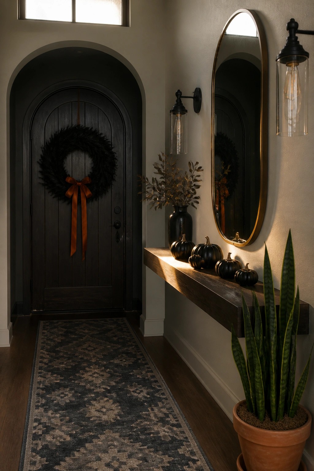 A dark arched wooden door with a black wreath tied with an orange ribbon, next to a wooden console holding small black pumpkins, a tall mirror, and a potted snake plant in a home entryway.