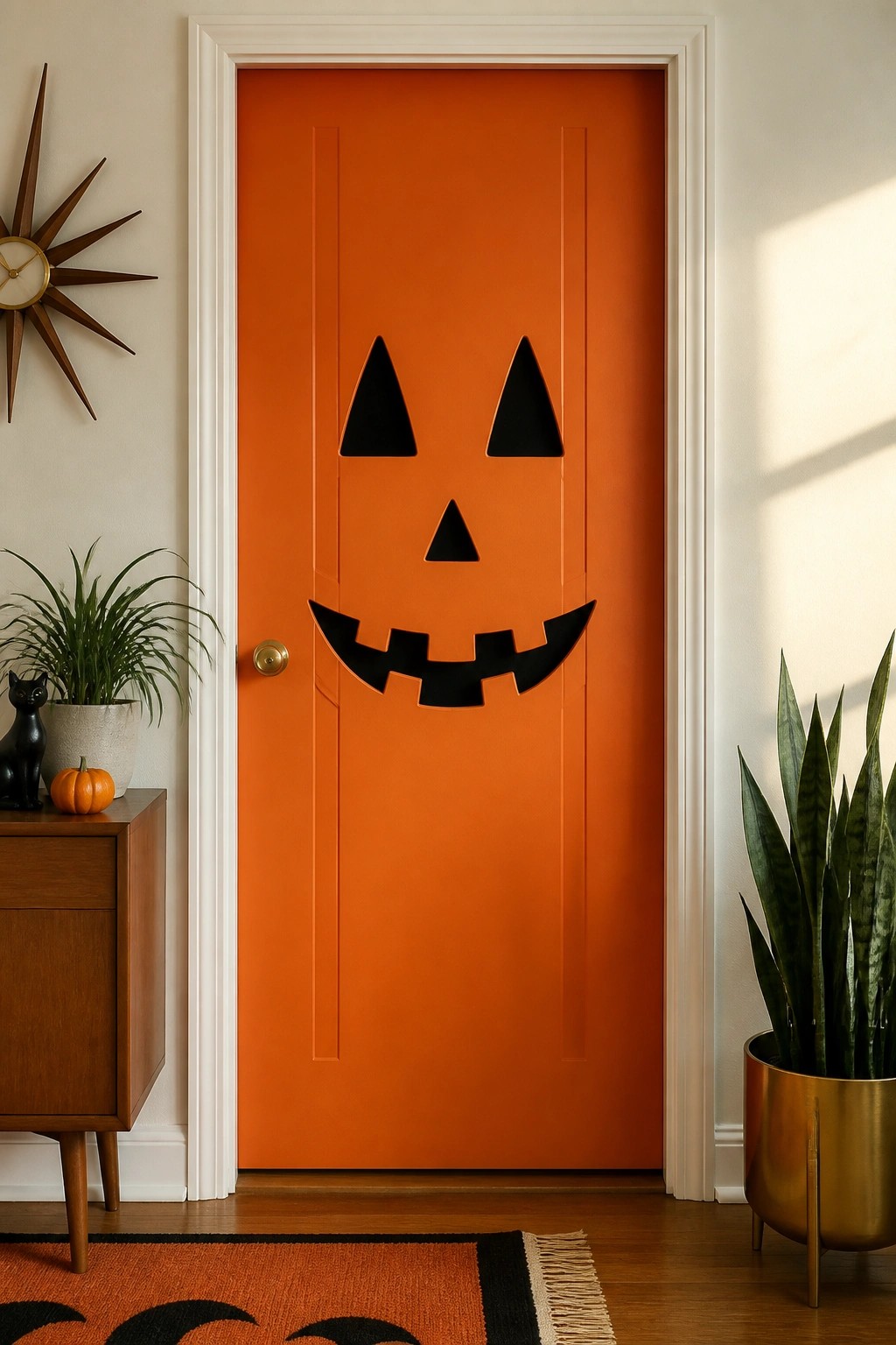 Orange interior door with black triangular eyes, nose, and jagged mouth cutouts forming a jack o lantern face.
