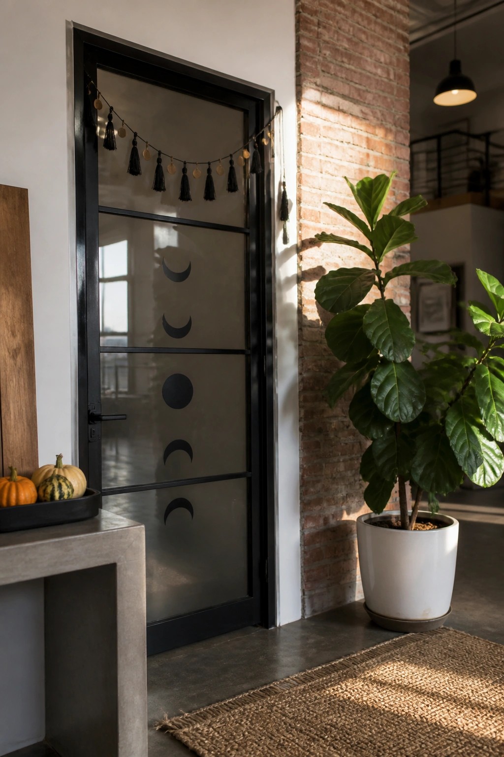 Black-framed glass door with vertical moon phase decals and a tassel garland across the top in an indoor space with a brick wall and potted plant nearby.
