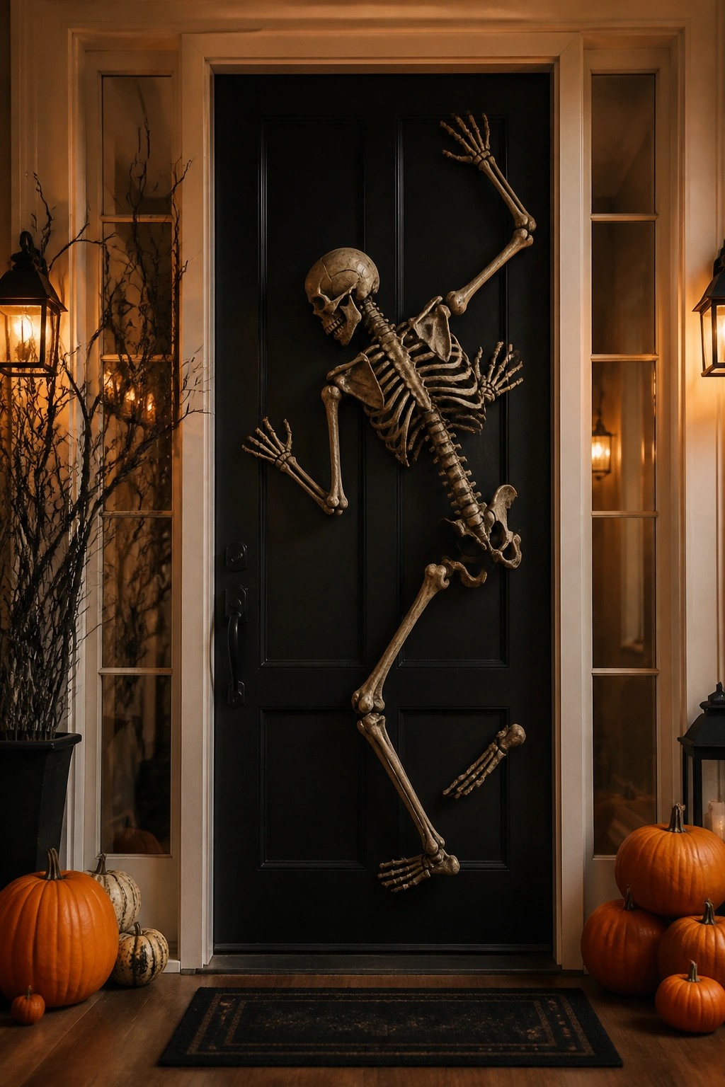 Black front door with a large skeleton mounted in a climbing pose across the surface.