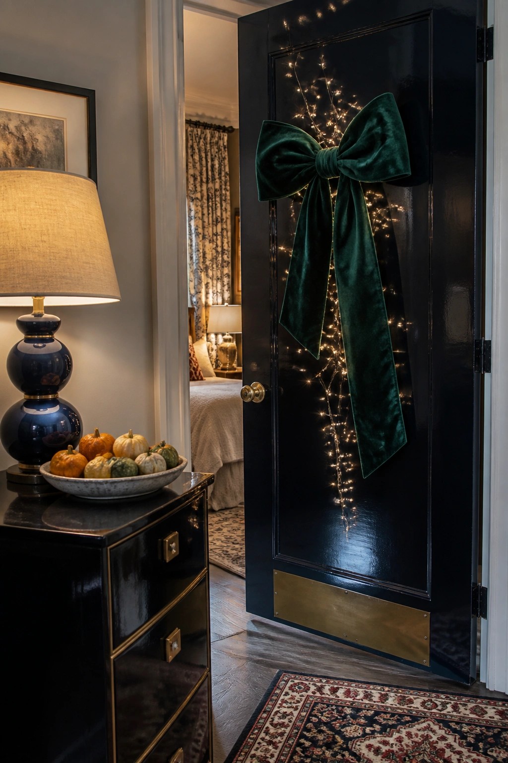 Black door with green velvet bow and lights beside dresser with lamp and gourds