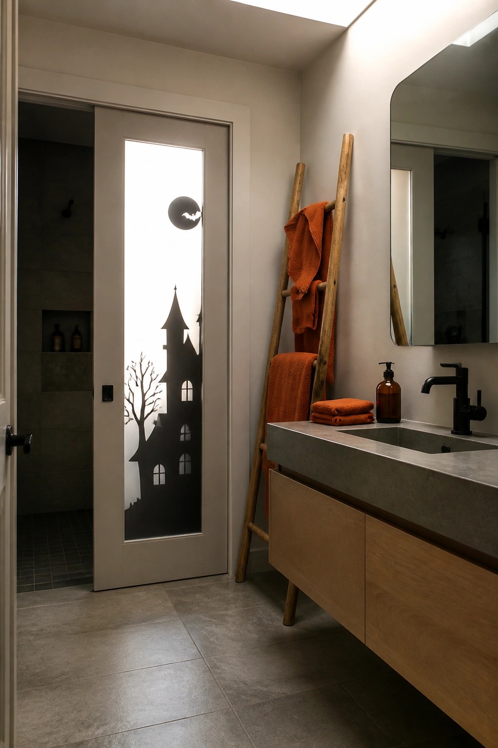 Modern bathroom with haunted house silhouette on frosted door and orange towels on ladder