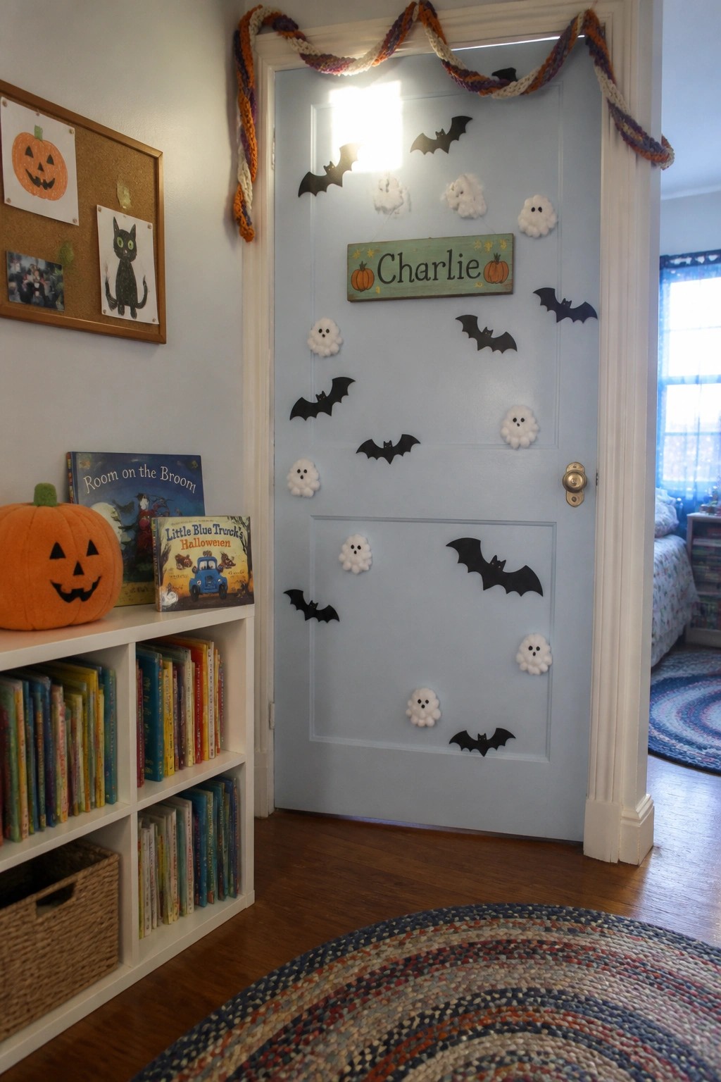 Halloween-decorated blue door with bats and ghosts beside bookshelf with pumpkin and books