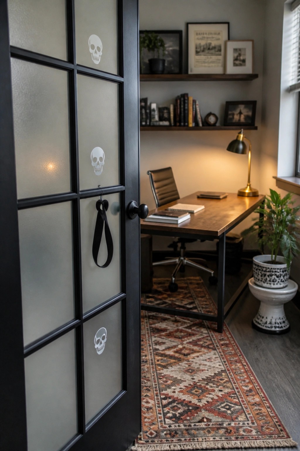 A black door with frosted glass panels showing white skull decals stands open to a home office with a wooden desk, office chair, and patterned rug.