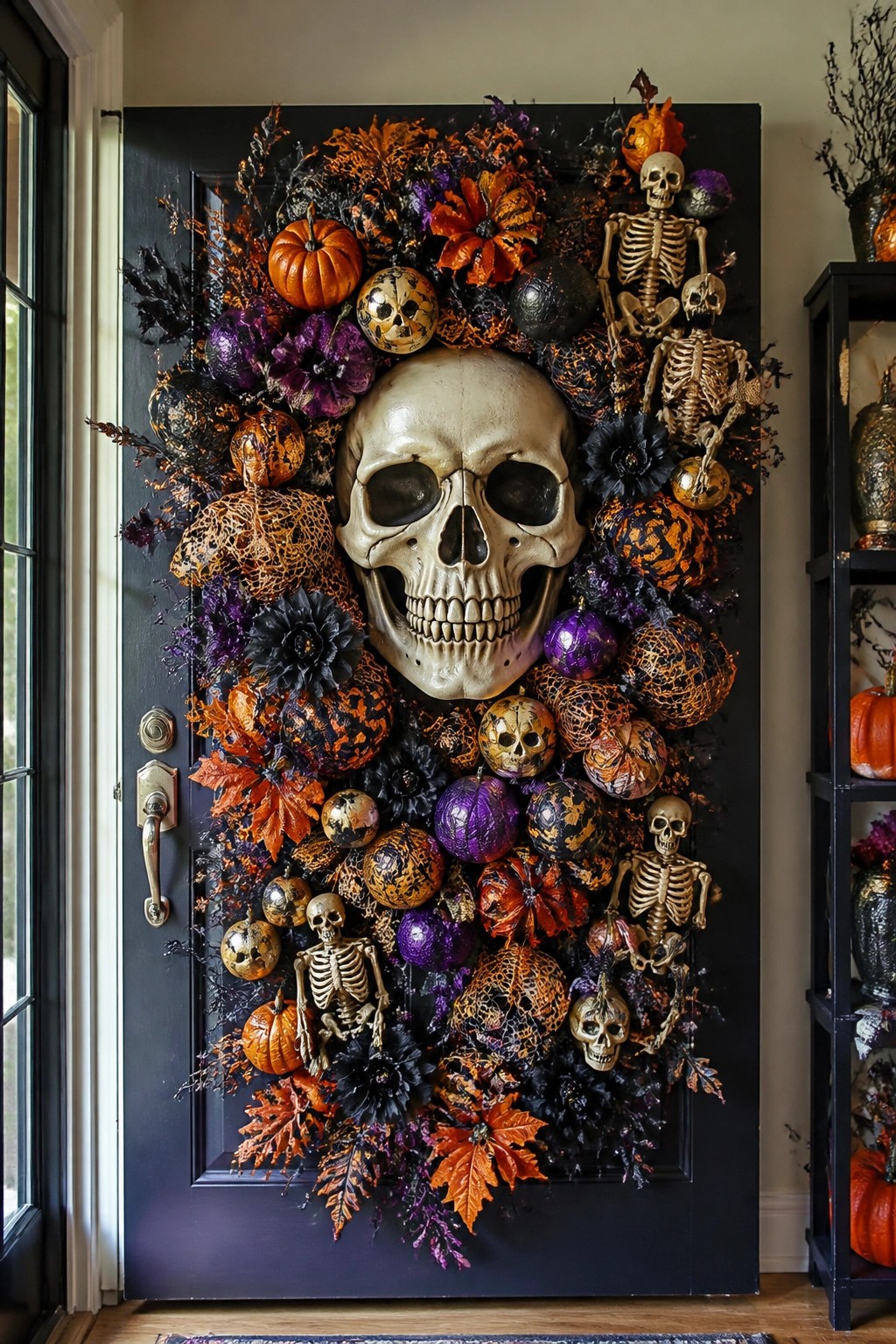 Black front door covered with a large Halloween wreath built around a central oversized skull, with smaller skeletons, pumpkins, and dark florals arranged around it.