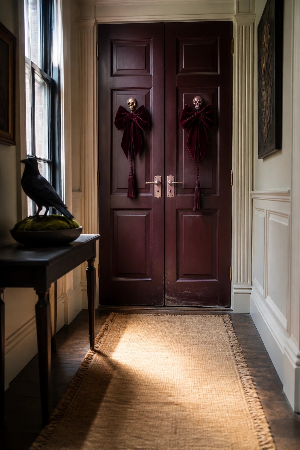Double dark burgundy doors with large velvet bows and skull ornaments above a woven rug in an indoor hallway.