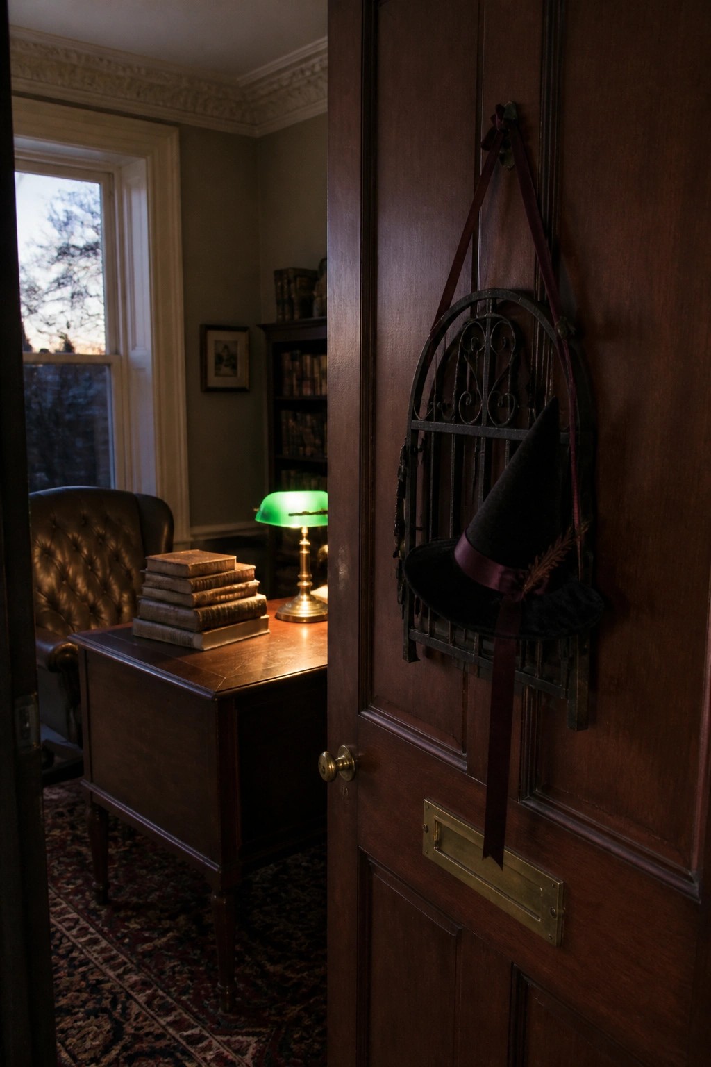A black witch hat with a purple ribbon hangs from a metal frame on a dark wooden door, with a view into a room containing a desk with books and a green lamp.
