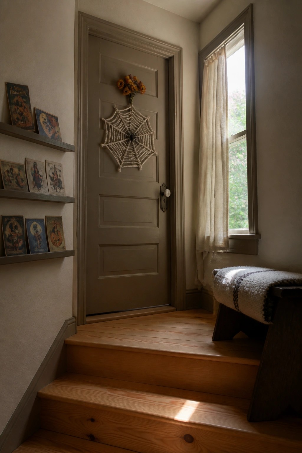 A gray paneled door at the top of wooden stairs features a large woven spiderweb decoration with orange flowers above it, shelves with vintage prints on the left wall, and a window with a curtain on the right.