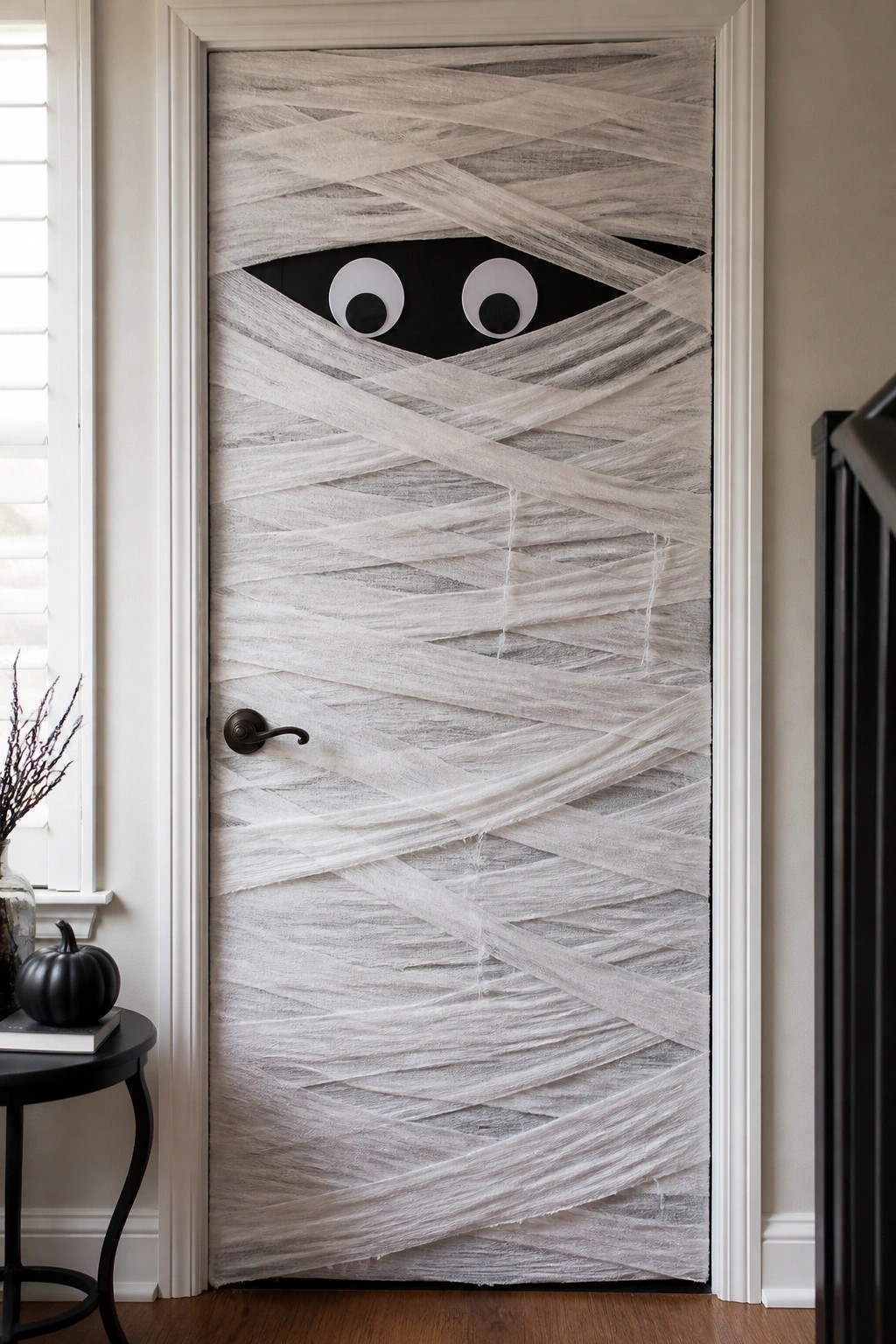 Indoor door wrapped in white fabric strips like a mummy with two large round eyes showing through the wrapping.