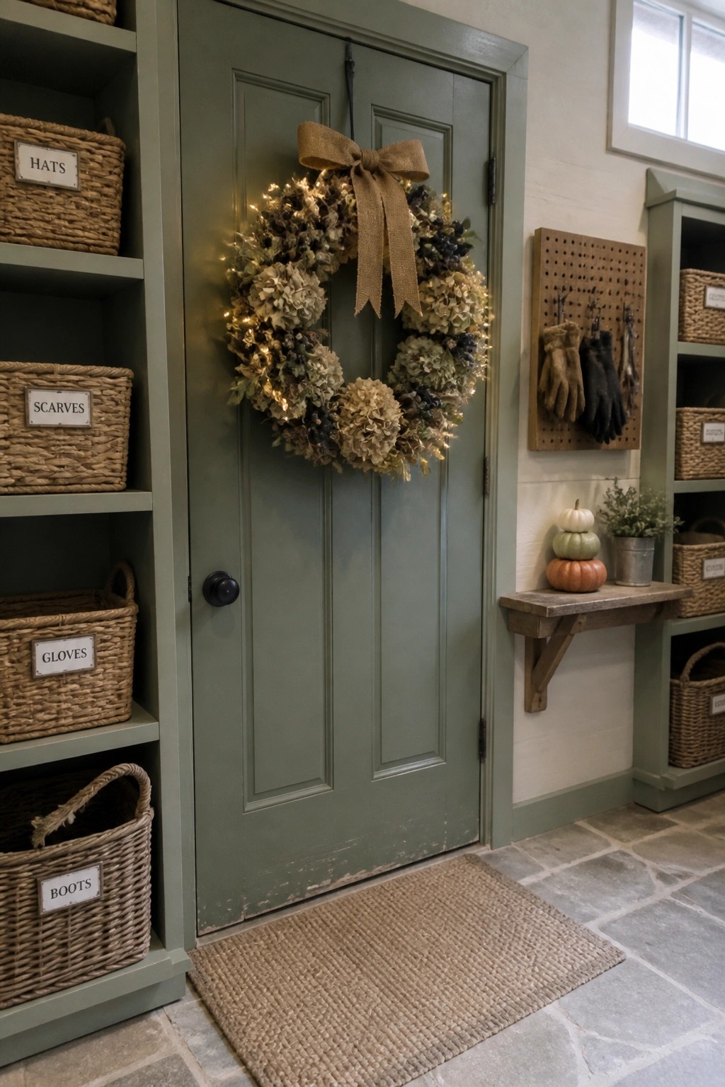 A sage green interior door displays a large dried flower wreath with a burlap bow and small lights, set between green built-in shelves holding labeled woven baskets.