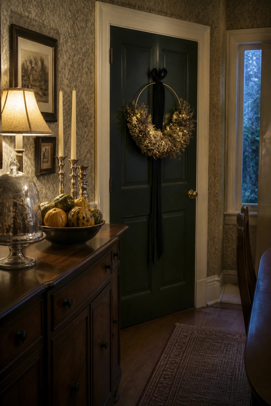 A dark green paneled door with a dried floral wreath and black ribbon hanging in the center, beside a wooden sideboard holding a bowl of small pumpkins and silver candlesticks.