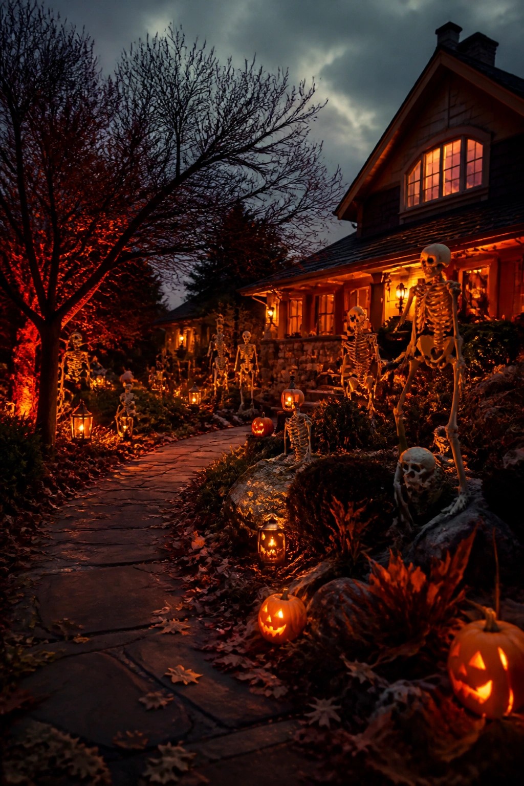 Stone walkway lined with multiple plastic skeletons posed among bushes, rocks, and glowing jack-o'-lanterns in front of a house at night.