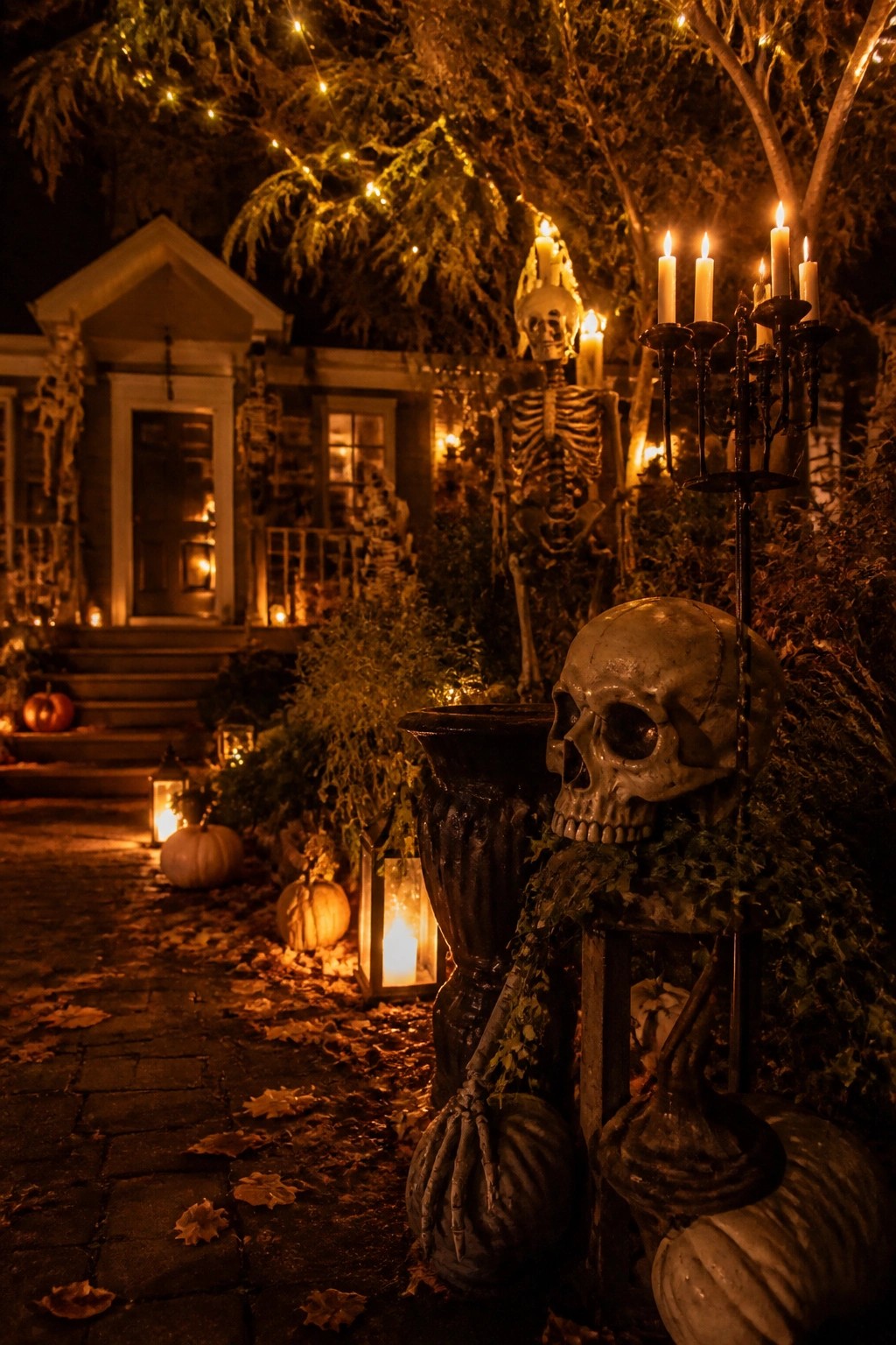 Skeleton, pumpkins, and candelabra with lit candles on a leaf-strewn nighttime path.