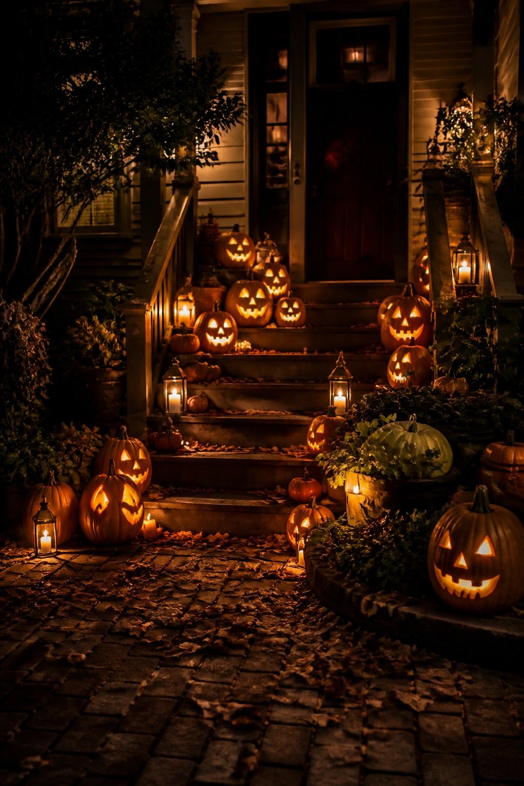 Glowing jack-o'-lanterns and lanterns line porch steps covered in autumn leaves at night.