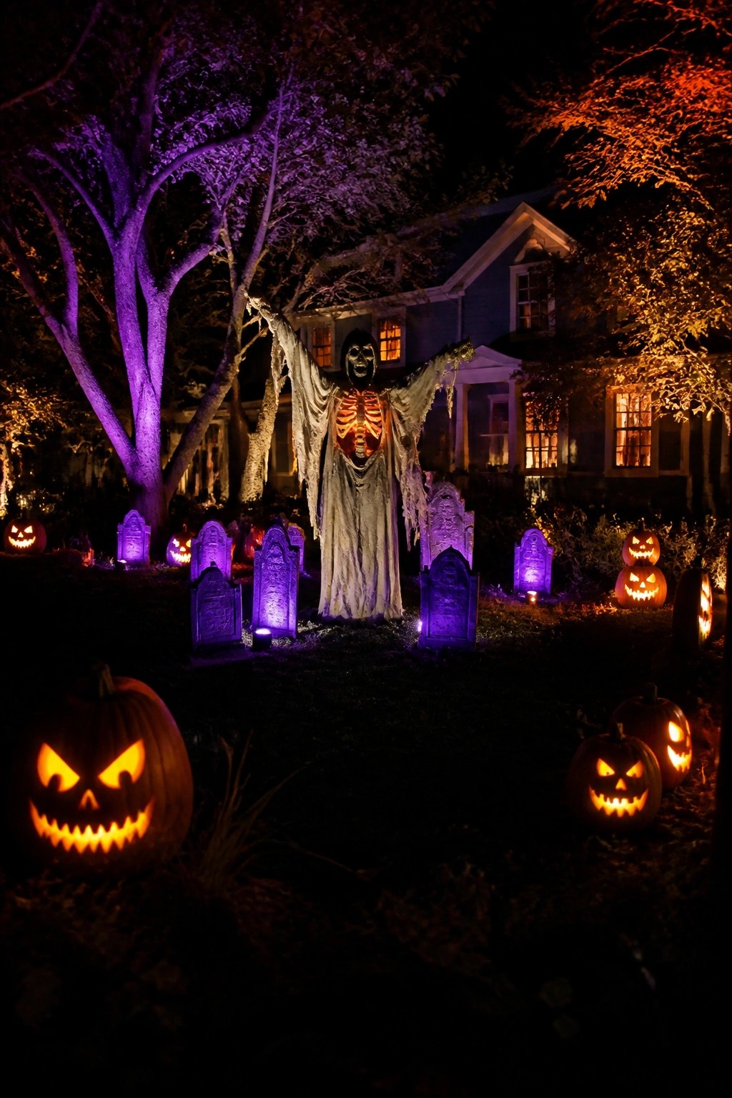Glowing skeleton with outstretched arms amid jack-o'-lanterns and purple-lit tombstones at night