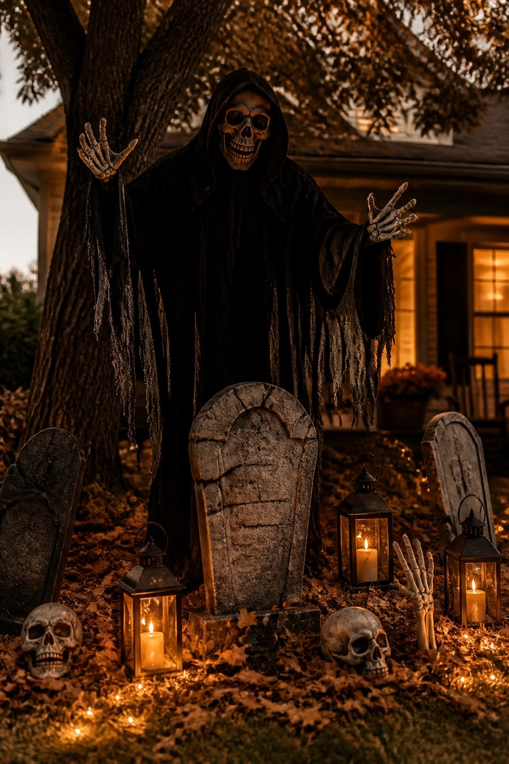 Tall skeleton figure in a black hooded robe standing among fake gravestones, skulls, and lanterns in a leaf-covered yard.