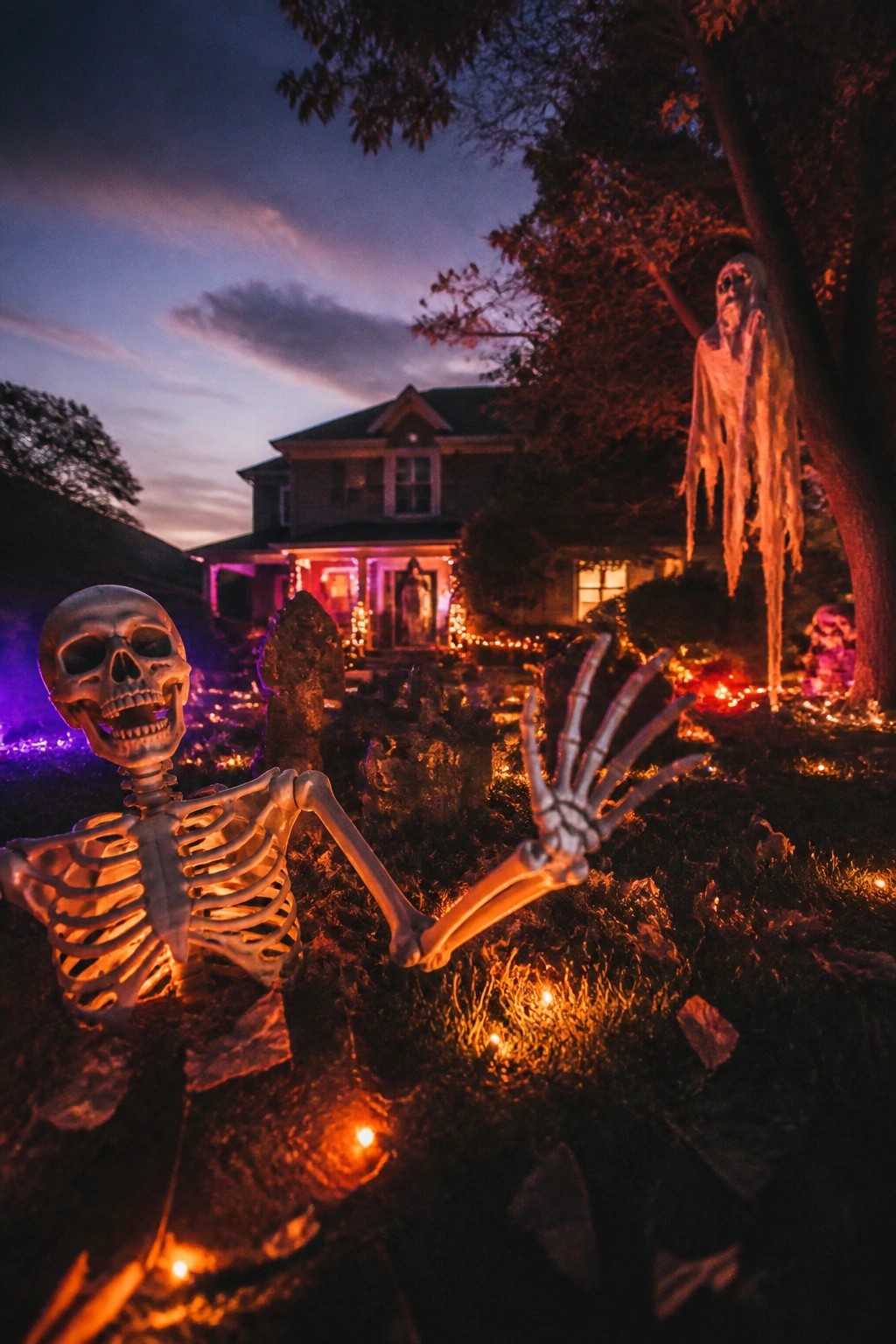 Front yard Halloween display with a skeleton posed among tombstones, a ghost figure hanging from a tree, and string lights scattered on the ground.