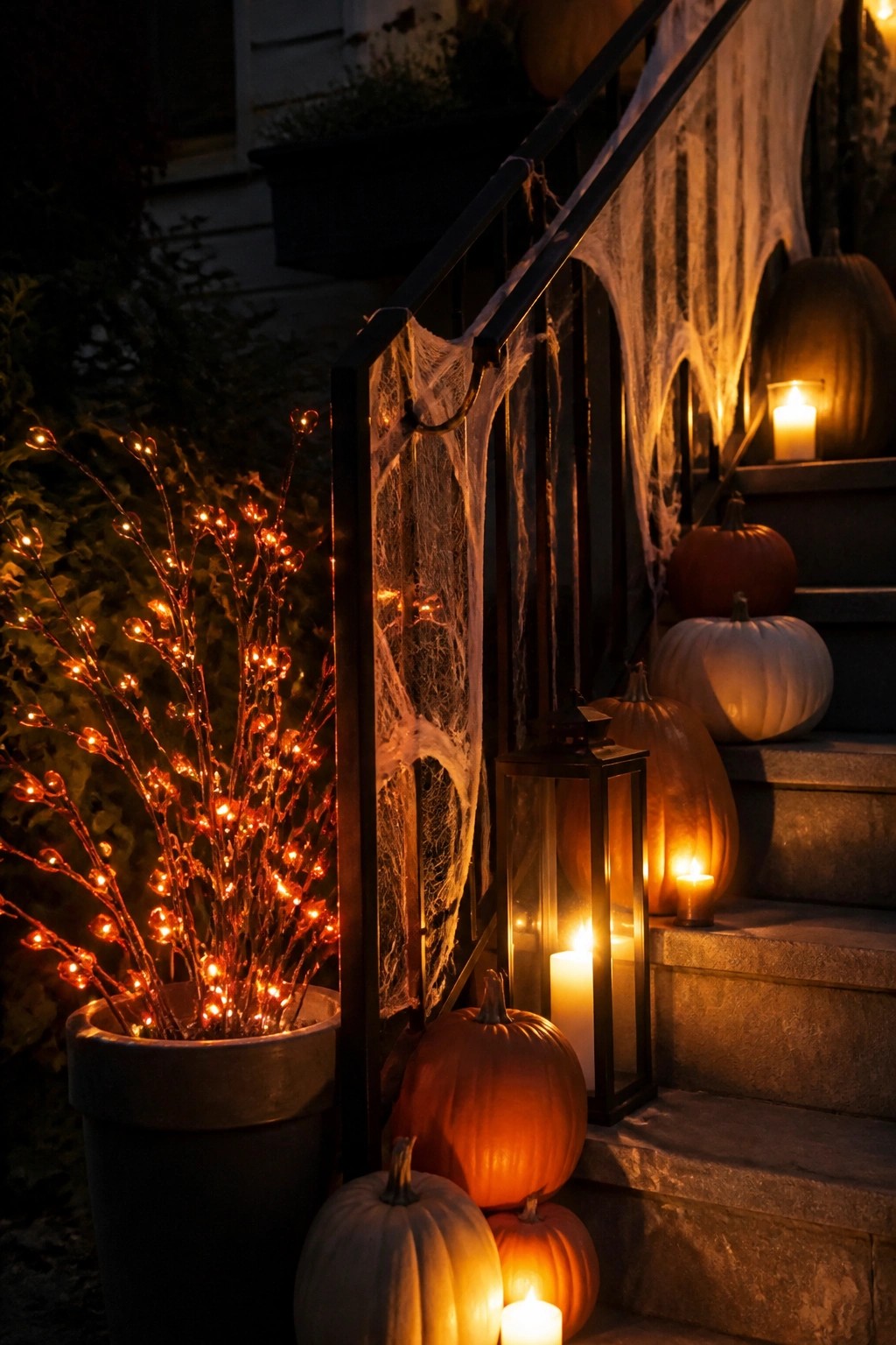 Stone stairs with pumpkins, candles, spiderwebs, and glowing branches at night.