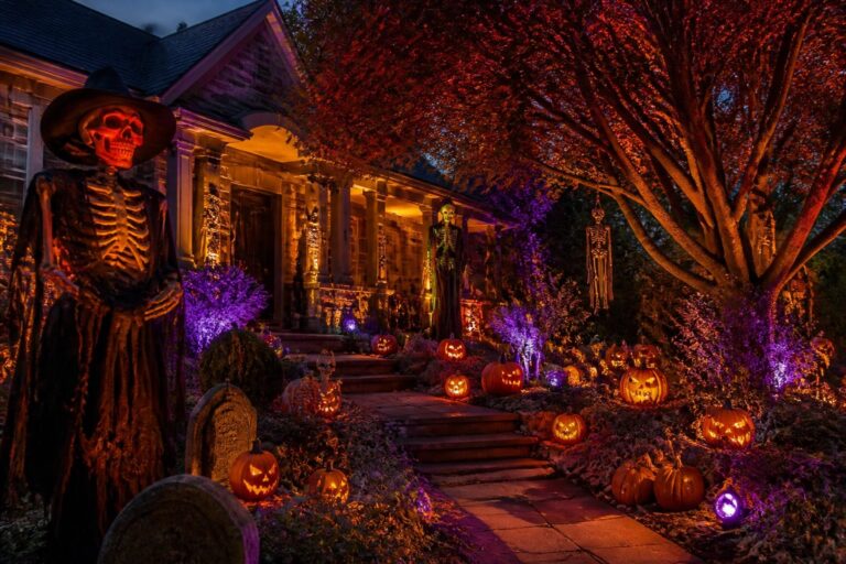 Stone walkway lined with multiple plastic skeletons posed among bushes, rocks, and glowing jack-o'-lanterns in front of a house at night.