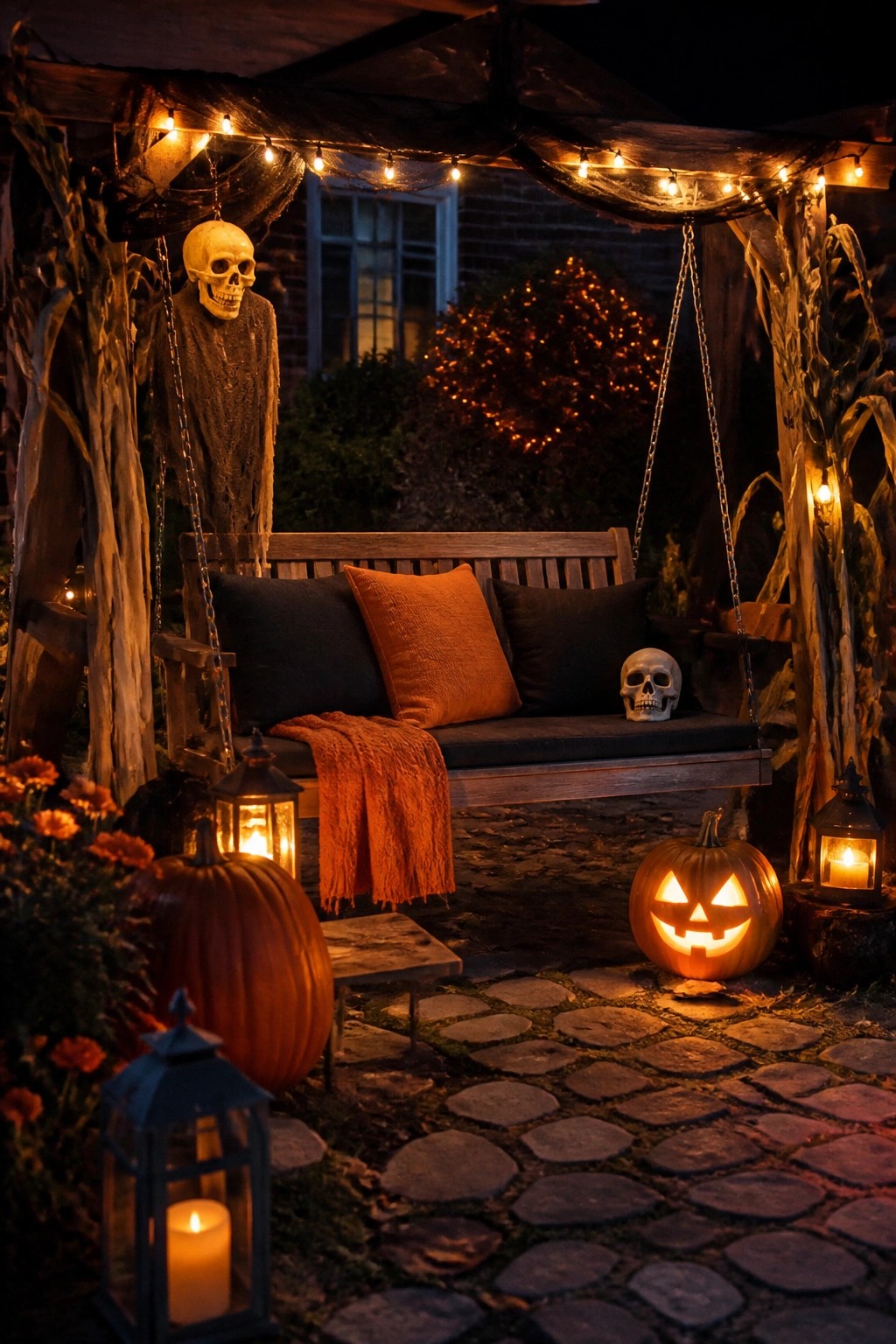 Covered porch swing decorated with a hanging skeleton, a skull on the cushion, a carved jack-o'-lantern, and string lights at night.