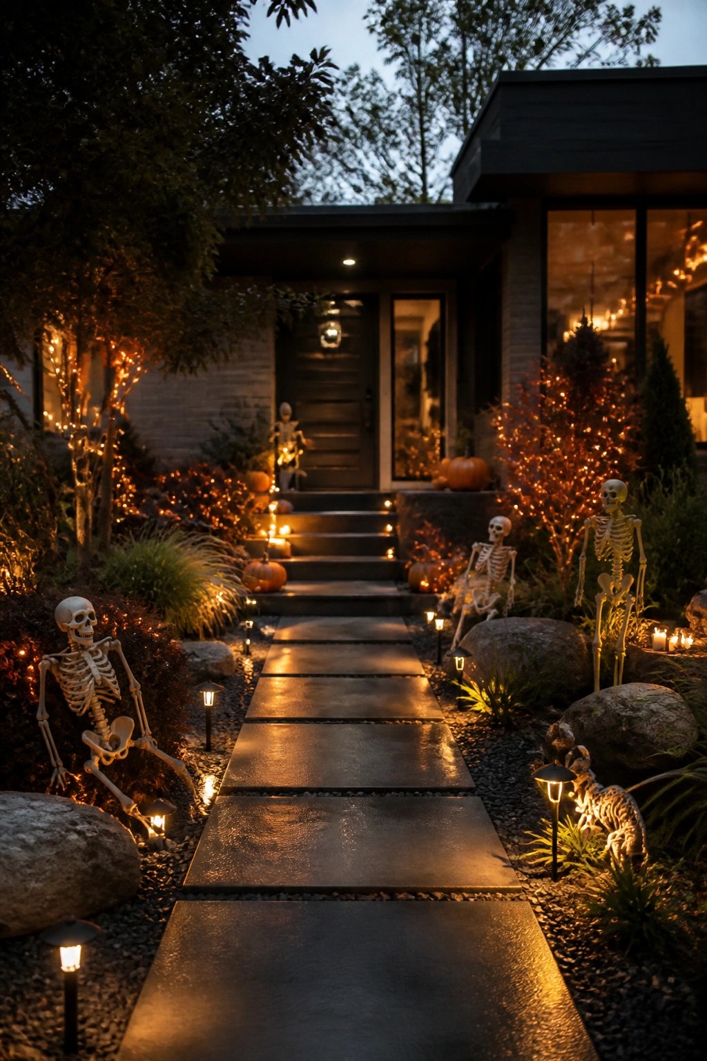 Stone walkway lined with multiple white plastic skeletons, small lights, and pumpkins leading to a dark front door at dusk.