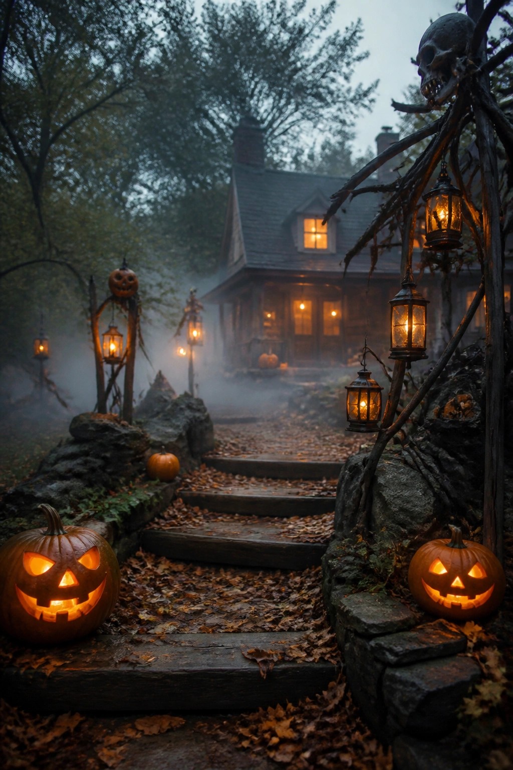 Misty stone steps lined with glowing jack-o'-lanterns and lanterns lead to wooden house.