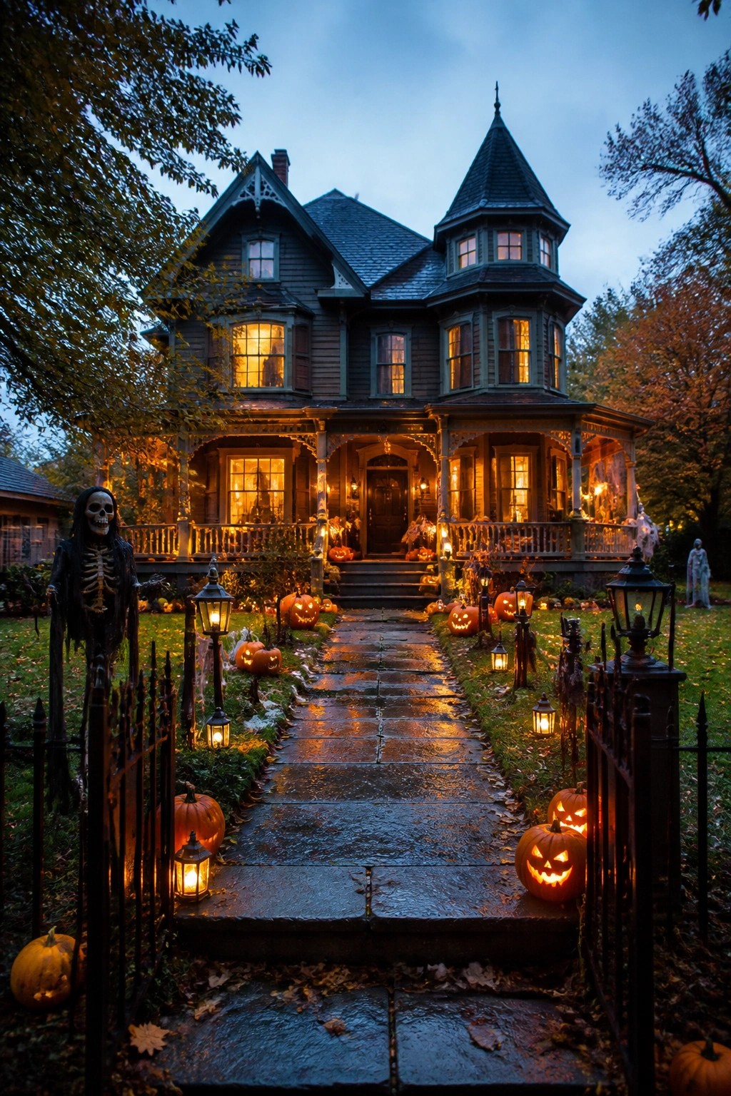 Stone walkway lined with glowing jack-o'-lanterns and a skeleton figure on the fence leading to a decorated house porch at dusk.