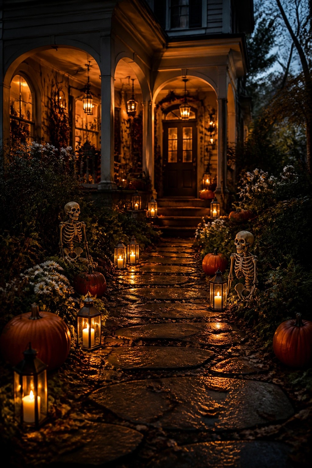 Lantern-lit stone path with skeletons and pumpkins leading to an arched house at night