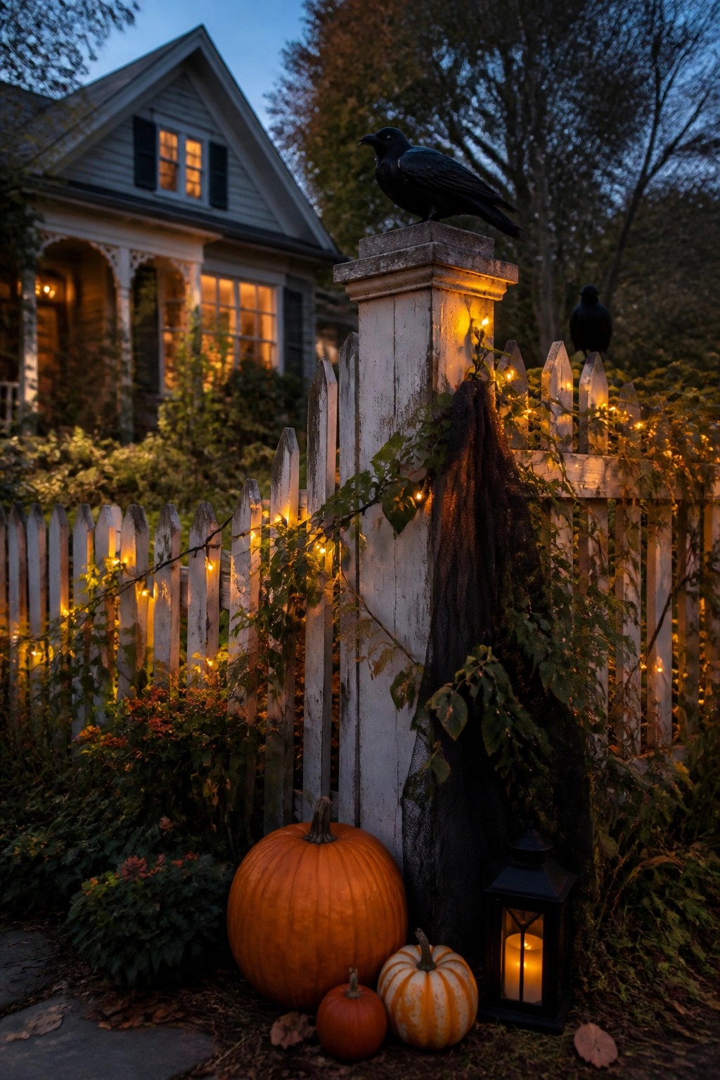 Black crow on white fence post above pumpkins, lantern, and string lights at dusk