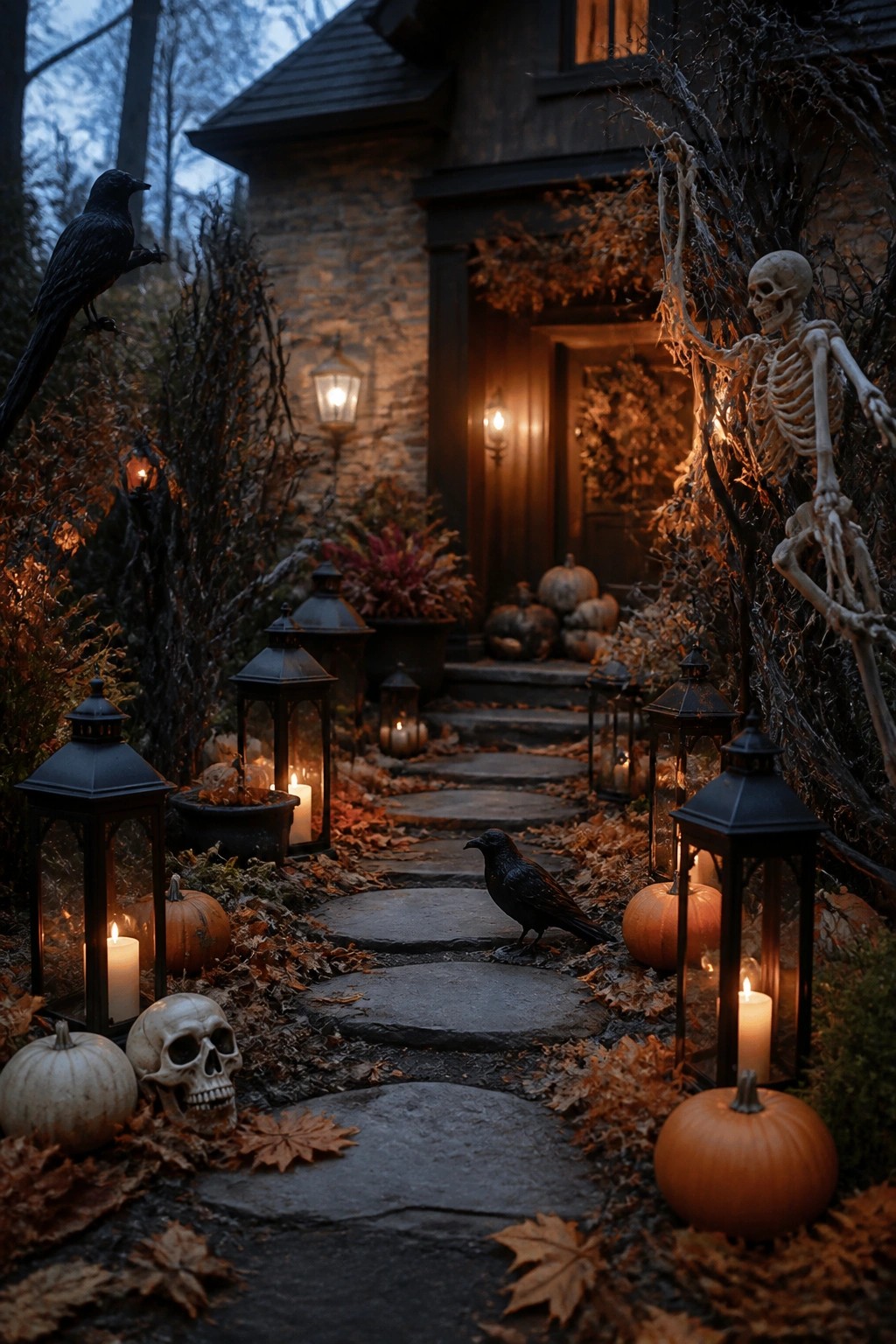 Eerie stone path lined with pumpkins, glowing lanterns, skeletons, and crows leading to a house.