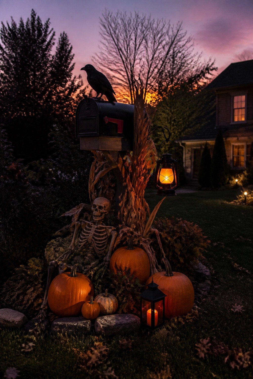 Skeleton by mailbox with crow, pumpkins, corn stalks, and glowing lanterns at dusk