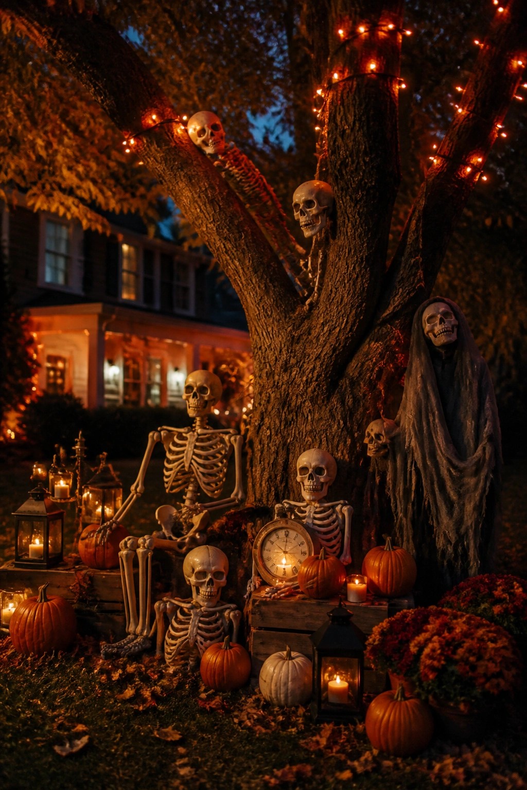 A large tree in a yard decorated with multiple skeletons climbing the branches and seated on crates, along with pumpkins, lanterns, and a grim reaper figure.