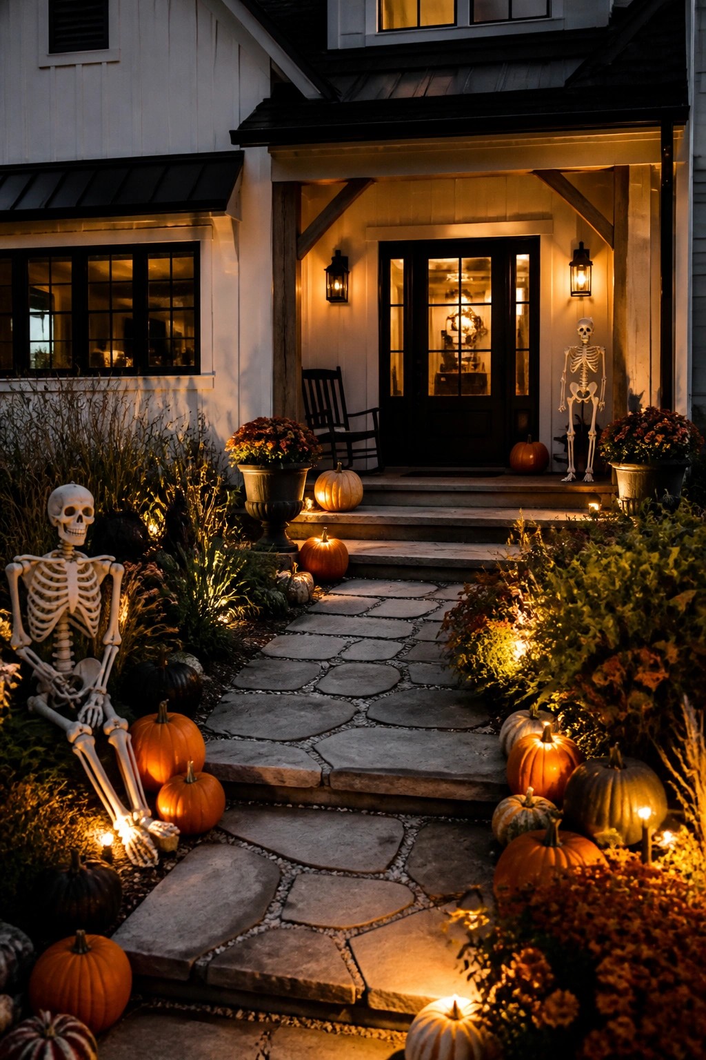 Front porch and stone walkway decorated with two white skeletons, multiple orange and white pumpkins, and warm string lights along the path.