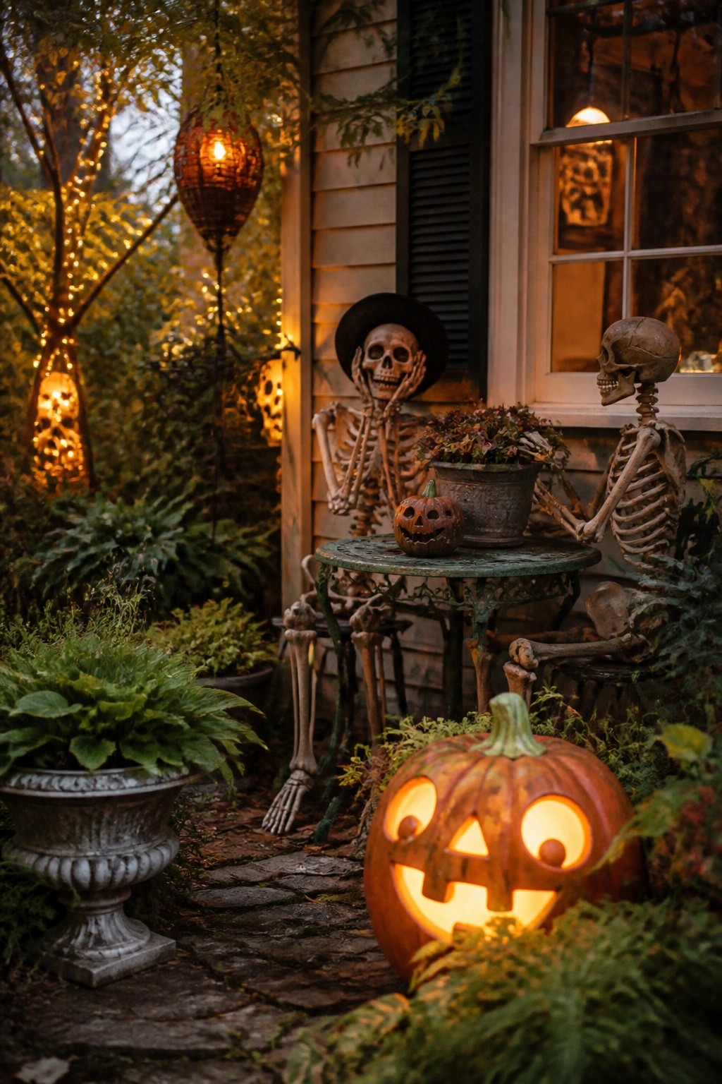 Front porch scene with two skeletons seated at a small table, one wearing a black hat, next to a glowing carved pumpkin and potted plants.