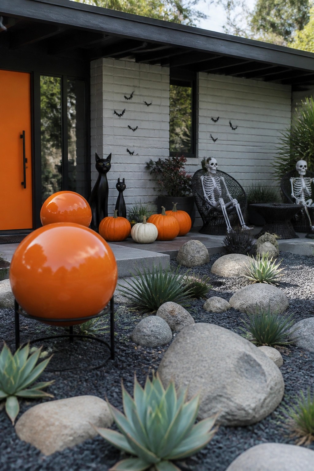 Front porch area with two skeletons seated in black chairs, black cat statues, bats on the siding, pumpkins, and large orange spheres near an orange door.