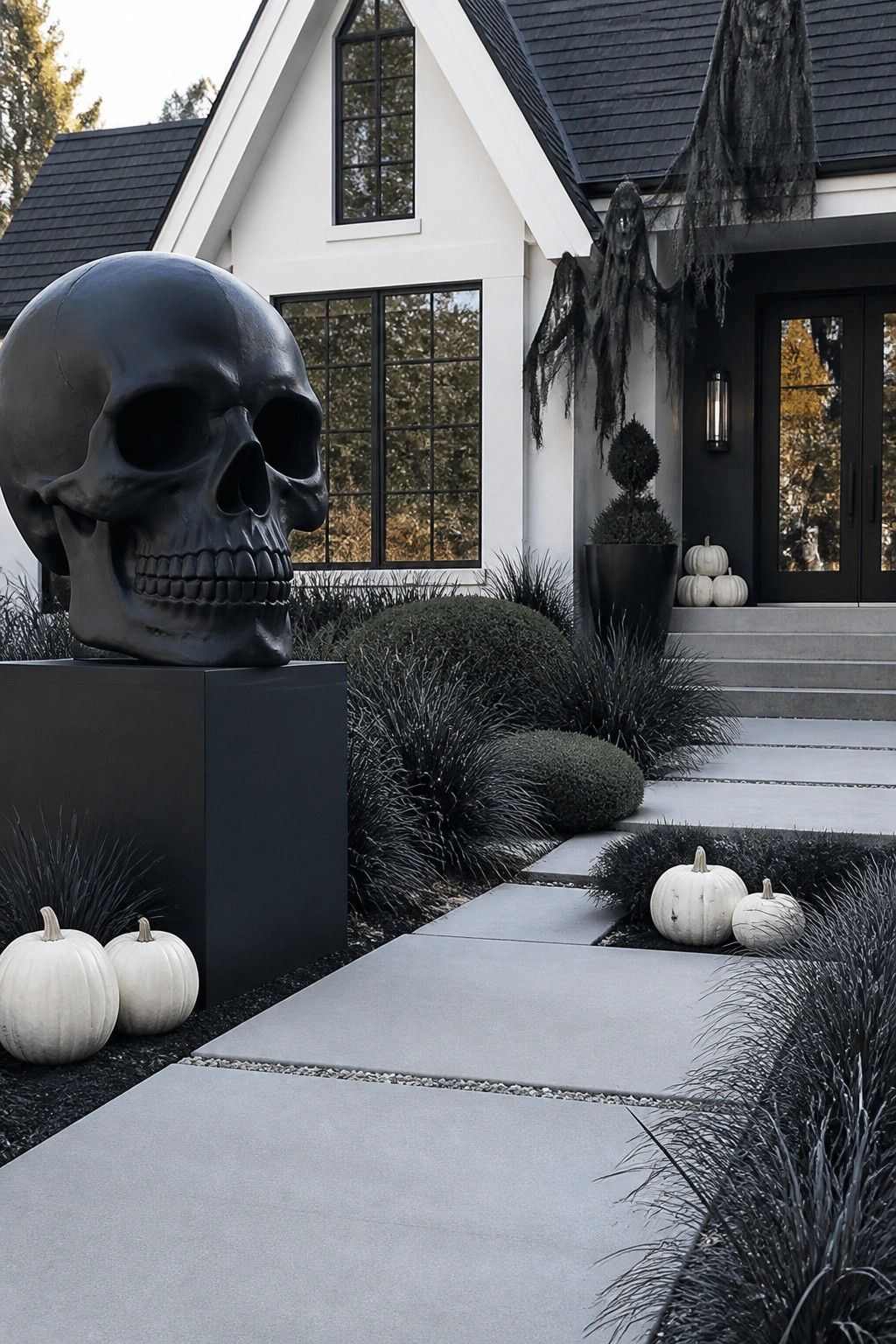 Front entry of a modern house with a large black skull sculpture on a dark pedestal next to a concrete walkway, white pumpkins in the landscaping, and hanging dark figures near the door.