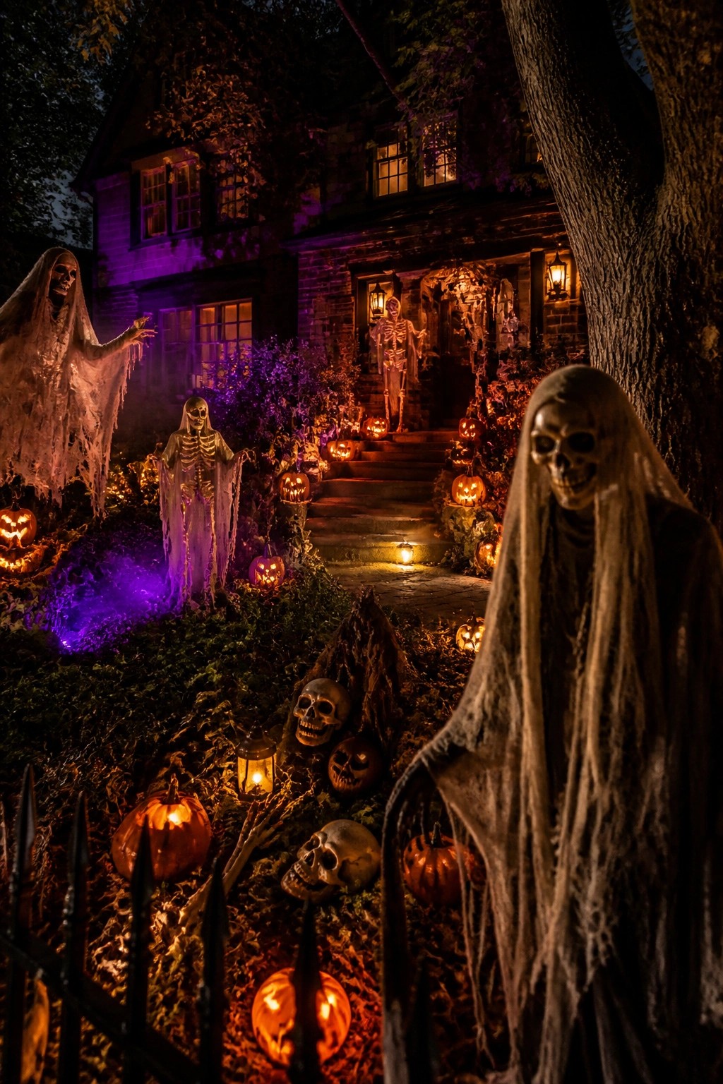 Front yard and porch decorated with multiple white-sheet ghosts and plastic skeletons posed along the stairs and lawn, surrounded by carved jack-o-lanterns.