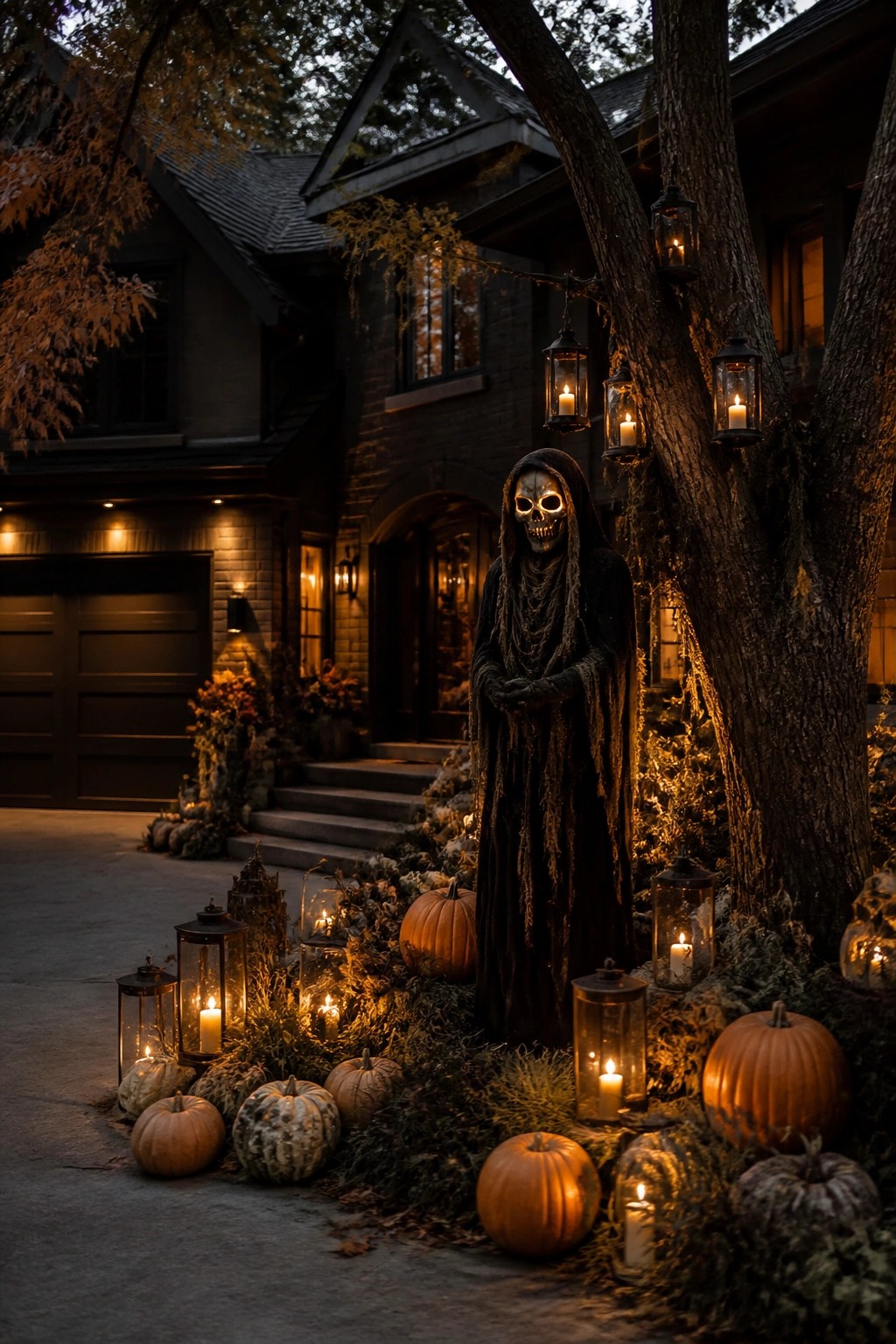 Hooded skeleton figure with glowing eyes among pumpkins and lanterns near dark house