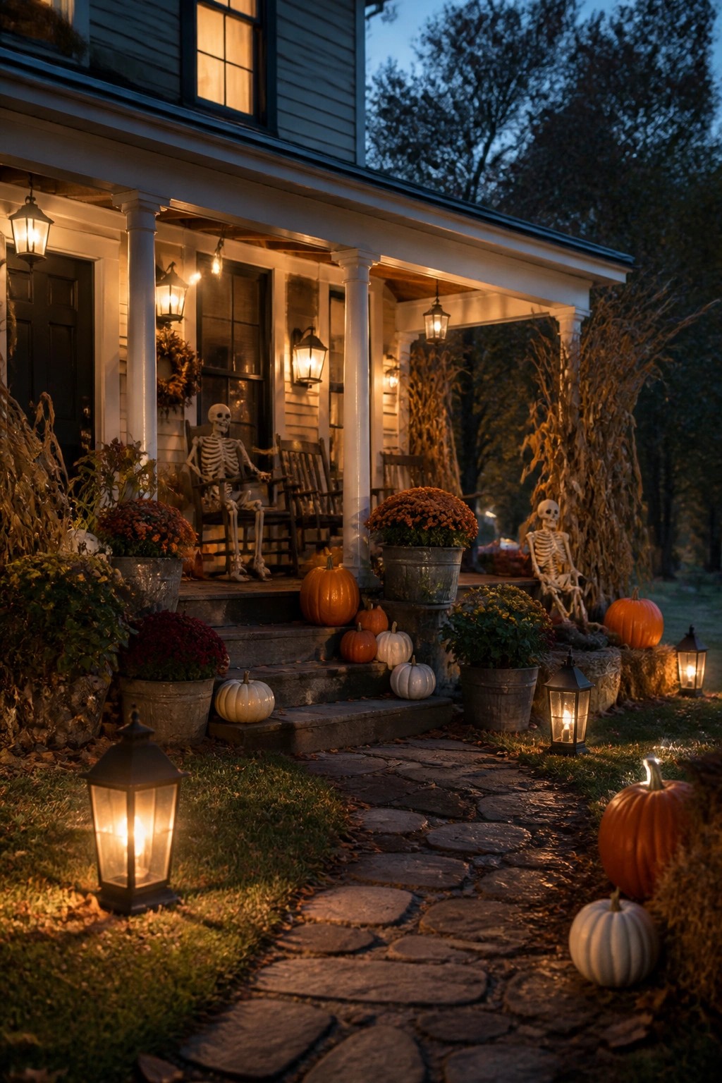 Twilight porch with skeletons, pumpkins, mums, cornstalks, and glowing lanterns on path