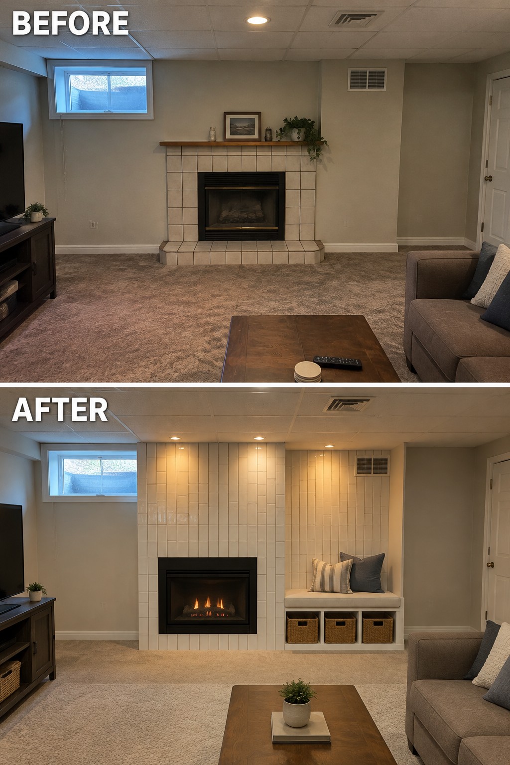 Before-and-after makeover image of a basement fireplace updated with full-height tile, a built-in bench, and a new firebox.