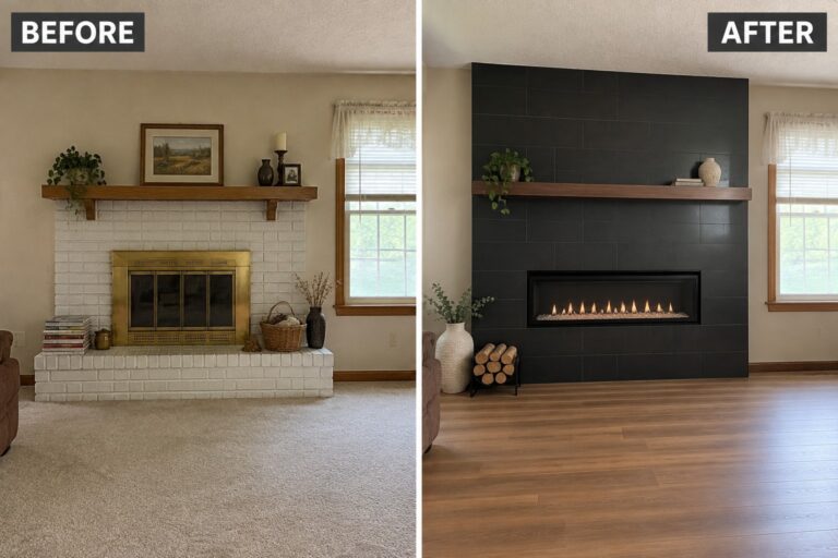 16 Bold Fireplace Remodel Before and After Ideas Featuring Updated Surrounds Before-and-after makeover image of a white brick fireplace replaced with a dark tiled surround and a modern linear gas insert.