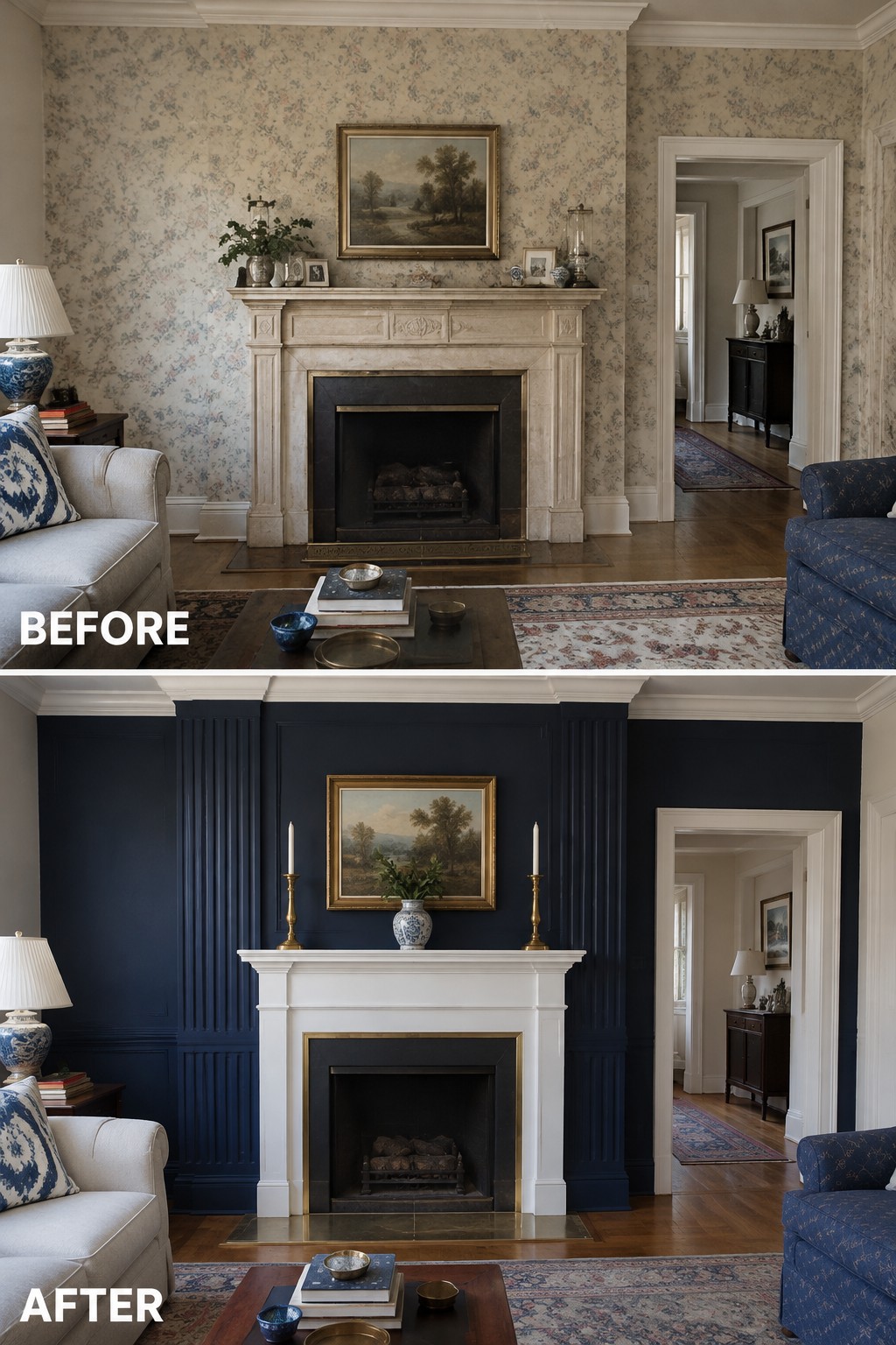 Before-and-after makeover image of a living room fireplace wall, changed from floral wallpaper and a stone surround to navy walls and a white surround.