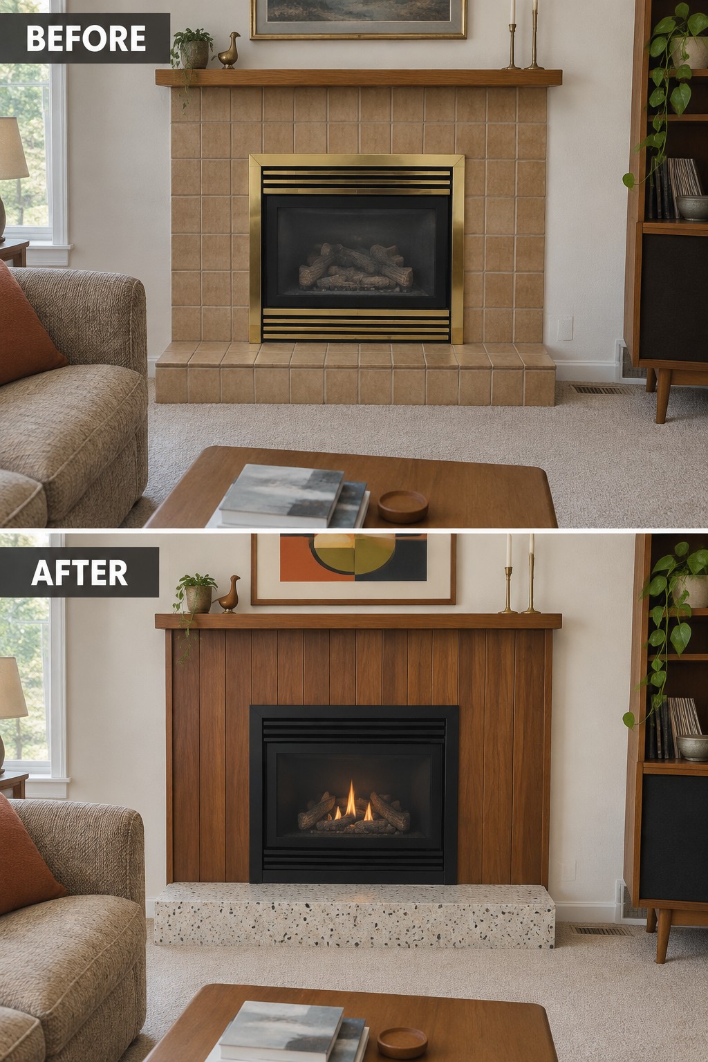 Before-and-after makeover image of a tiled fireplace surround updated with vertical wood paneling and a light speckled hearth.