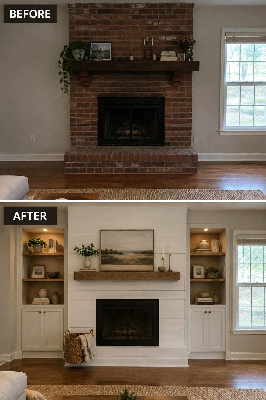Before-and-after makeover image of a brick fireplace wall updated with white paneling, a wood mantel, and built-in shelves.